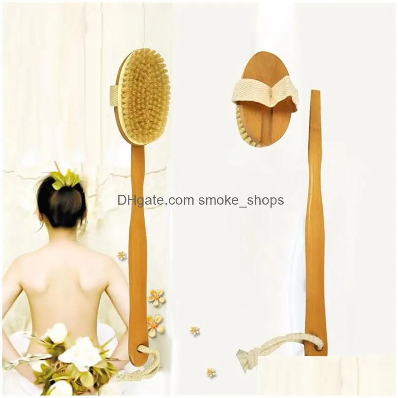 Bath Brushes Sponges Scrubbers Long Handle Body Brushes For Shower Wooden Boar Bristles Brush Back Skin Drop Delivery Home Garden