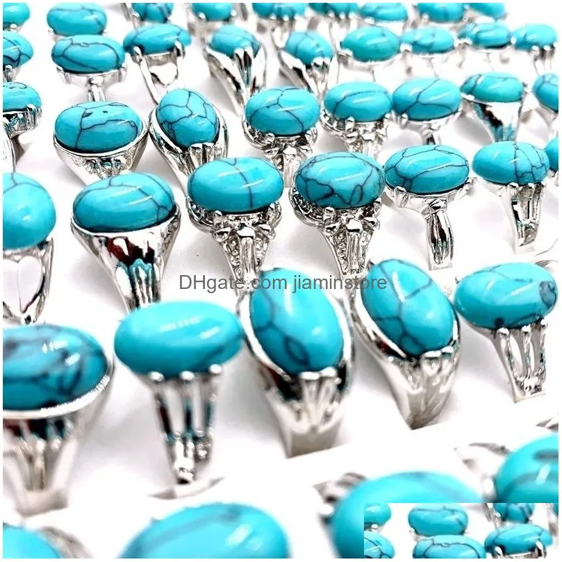 Fashion 30 Pcs/lot Patterned Turquoise Gem pineStone band Rings Bohemian Style mixed Silvery Lovers women and men Retro Wedding Jewelry