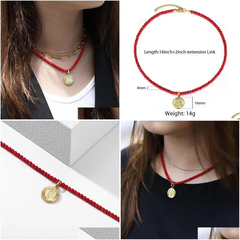 Pendant Necklaces Round Gold Color Letter Choker Necklace For Women 4mm Fashion Red Coral Beaded Length Adjustable LDN188A