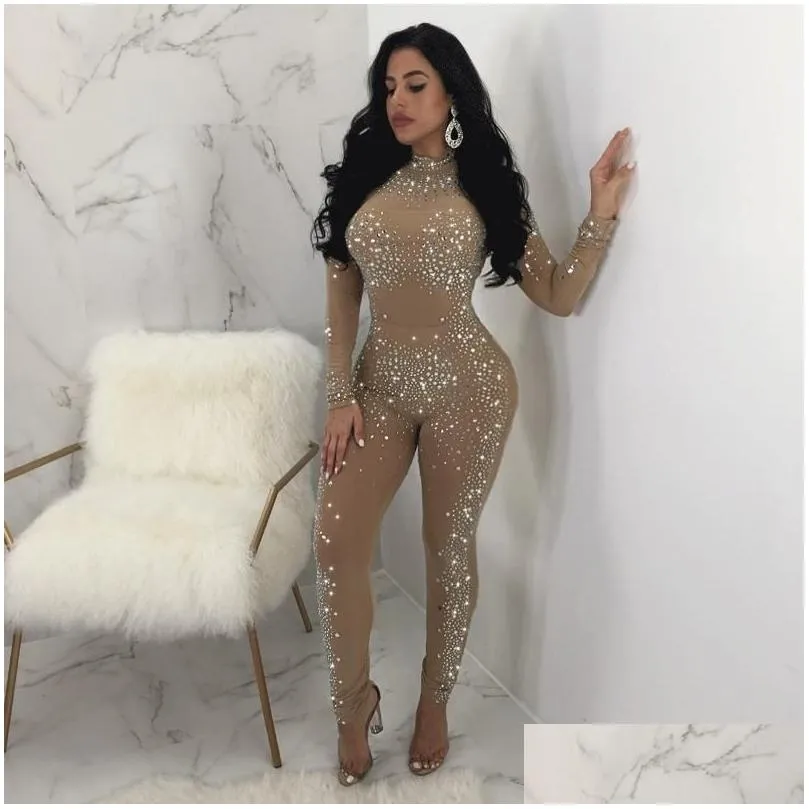 Women`s Jumpsuits & Rompers Women Jumpsuit Rhinestone Sequin Overalls Long Sleeve Skinny Bodysuits Clubwear Party Black Sexy