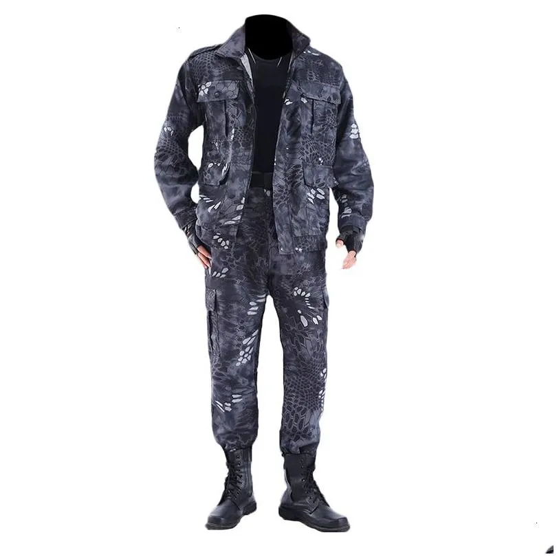 Men`S Tracksuits Mens Spring Summer Military Uniform Outdoor Camouflage Suit Black Python Pattern Wear-Resistant Overalls Labor Insur Dh5Mw