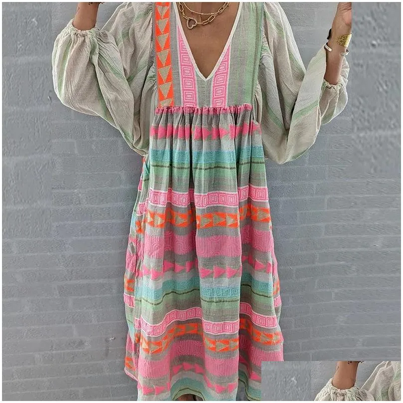 Basic & Casual Dresses Women Retro Loose Long Sleeve V-Neck Party Dress Female Beach Maxi Spring Fashion Boho Print High Street Drop Dhl5X