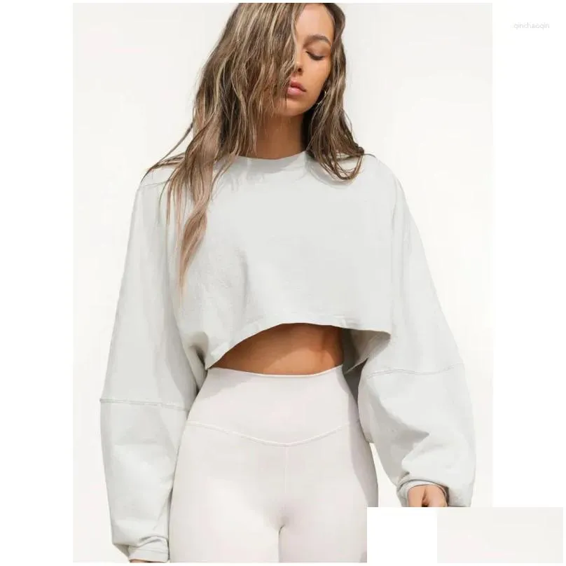 Gym Clothing Women Long Sleeve Short Y2k Crop Top Fashion Round Neck Knitted Sweatshirts Ladies Spring Autumn Solid Color Loose