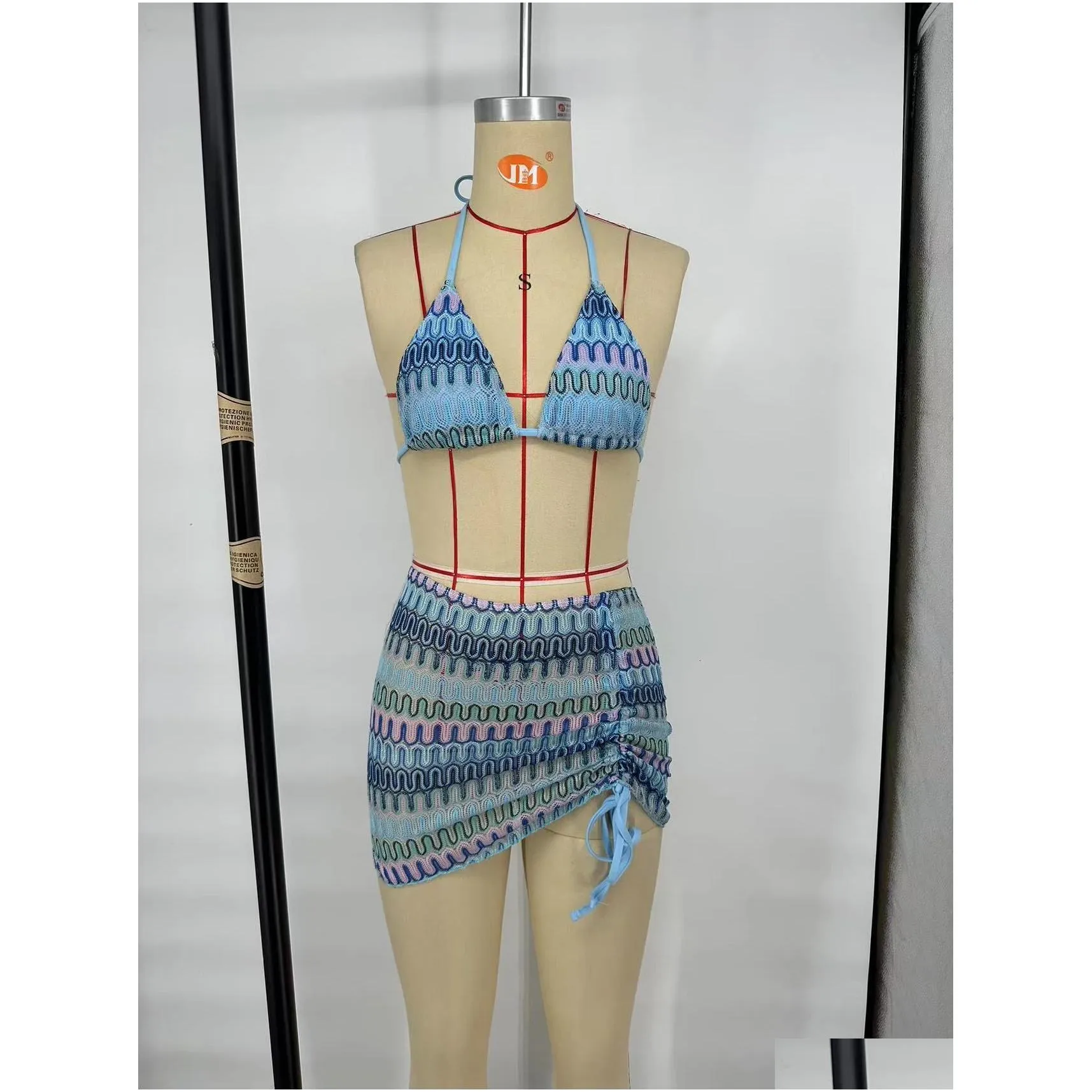 Women`S Swimwear Womens Zigzag Bikini Three Piece With Skirt Knitting Bikinis Swimsuit Push Up Beachwear 230707 Drop Delivery Apparel Dh3Tj