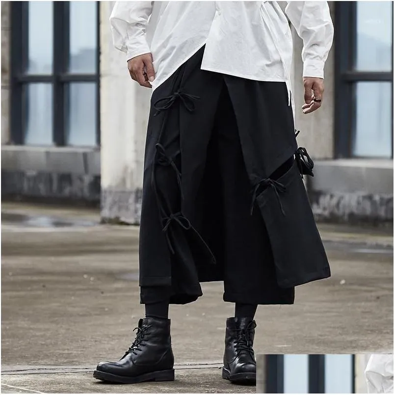 Men`s Pants Men Ribbon Splice Loose Casual Black Wide Leg Pan Male Japan Streetwear Hip Hop Gothic Punk Harem Trousers Kimono Skirt