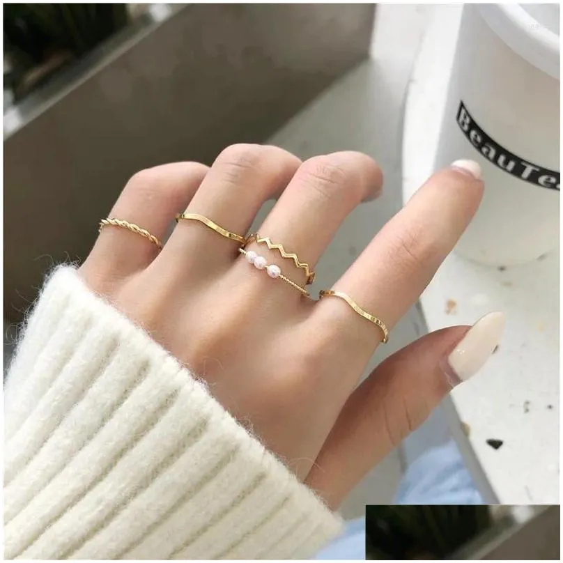 Cluster Rings 2024 5pcs/Set Geometric Boho Style Wave Shape Women Punk Gold Silver Color Ring Hip-Hop Finger Accessories