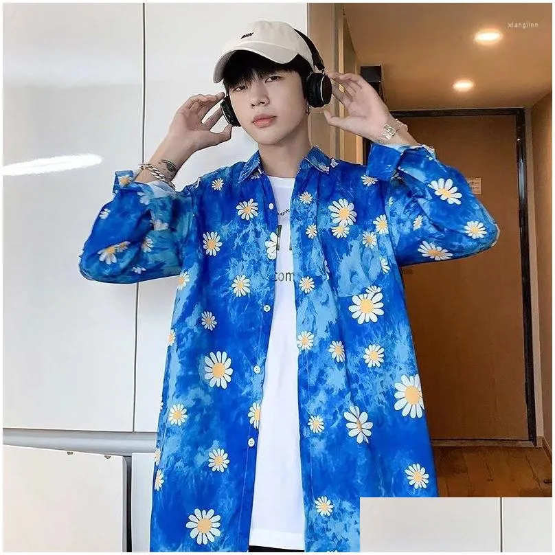 Men`s Casual Shirts Sunflower Men`s Shirt With Print Korean Clothes Fashion 2022 Man Slim Fit Social Harajuku Long Sleeve