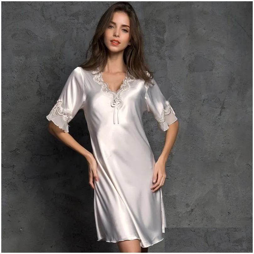 Sexy Pyjamas Y Women Lingerie Silk Sleepwear Nightwear Sleeveless V Neck Satin Night Dress M-Xxl 230504 Drop Delivery Apparel Underwe Dhdg9