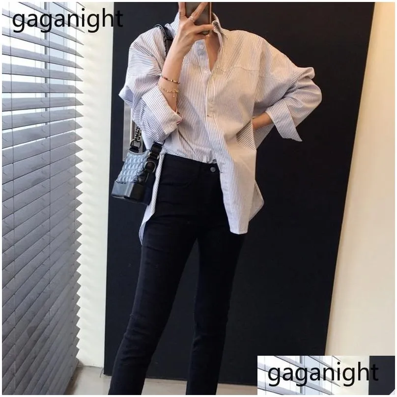 Women`S Blouses & Shirts Womens Gaganight Women Stripe Top Long Sleeve Casual Striped White Turn Down Collar Ol Shirt Back Buttons Lo Dhkc6