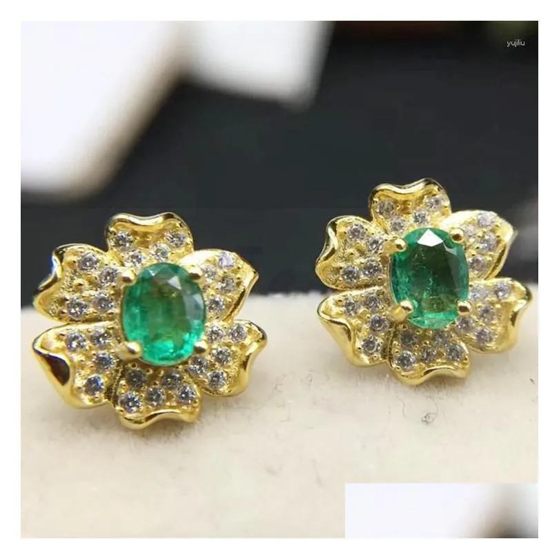 Stud Earrings Natural Real Emerald Earring 925 Sterling Silver 0.5ct 2pcs Gemstone Flower Style#X8061607