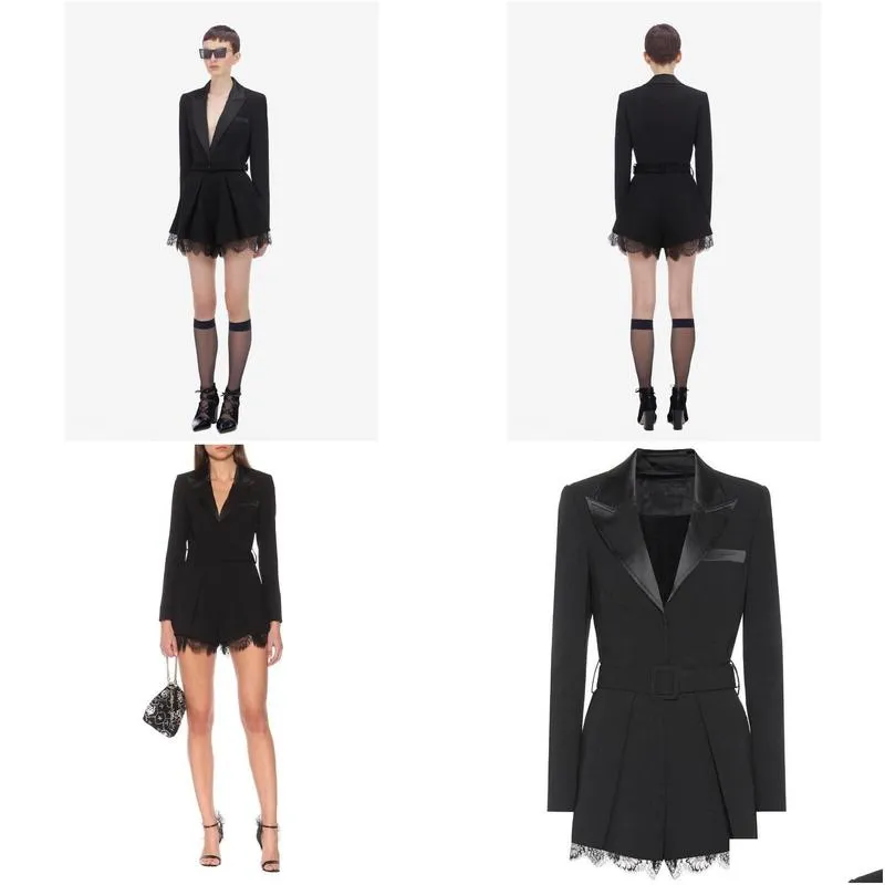 Women`s Jumpsuits & Rompers Black Blazer Mujer 2021 Short Autumn V-Neck Patchwork Lace Long Sleeve Come With Belt Office Lady