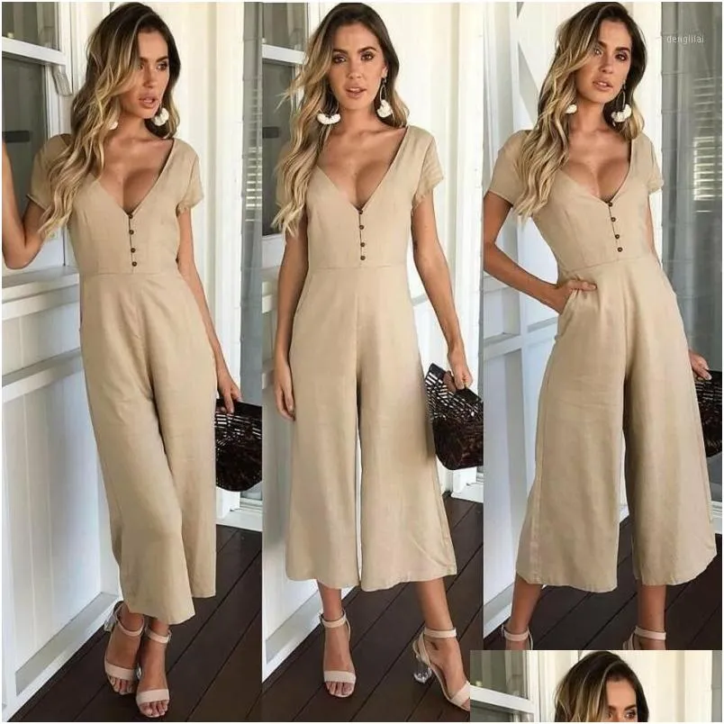 Women`s Jumpsuits & Rompers Summer Women Casual Loose Linen Cotton Jumpsuit Sleeveless Backless Playsuit Trousers Overalls Lady Solid