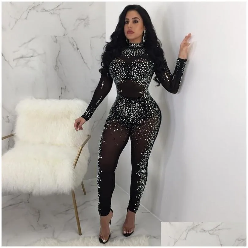 Women`s Jumpsuits & Rompers Women Jumpsuit Rhinestone Sequin Overalls Long Sleeve Skinny Bodysuits Clubwear Party Black Sexy