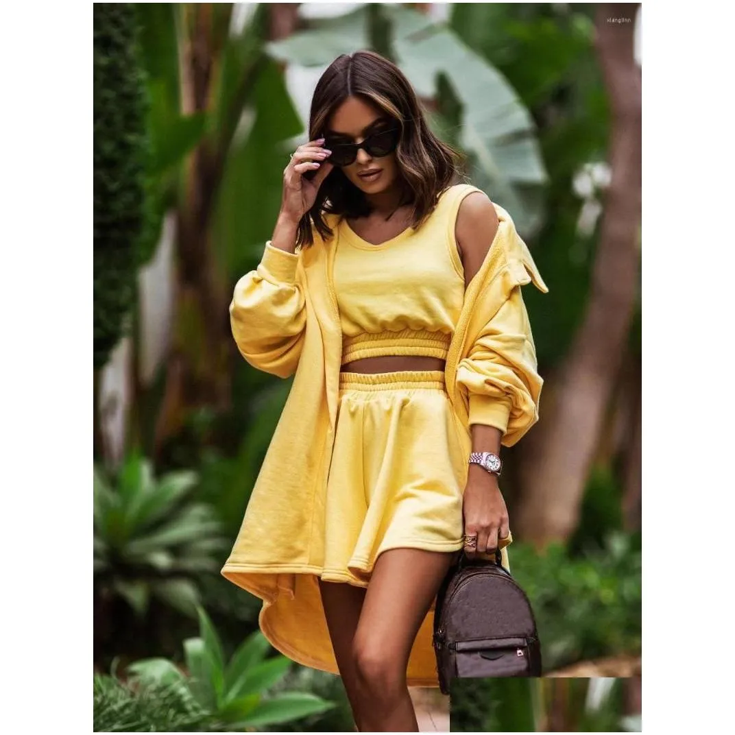 Women`s Tracksuits COZOK 2022 INS Solid Simple High-end Young Casual Office Lady Full Sleeve Cloth Short Pants 1 Piece Tank Women 3