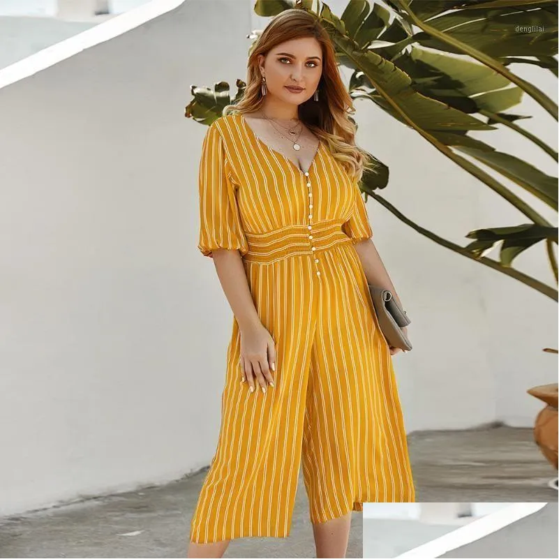 Women`s Jumpsuits & Rompers Summer Fashion Women V-neck Stripe Five-point Sleeve Jumpsuit Nine-point Pants Large Size 1XL-4XL Temperament