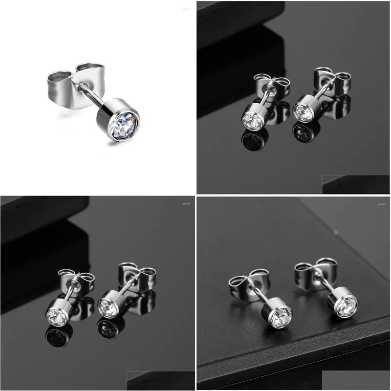 Stud Earrings 1 Pair Stainless Steel Crystal For Women Girls Silver Color Anti-allergic Piercing Ear Studs Rhinestone Jewelry