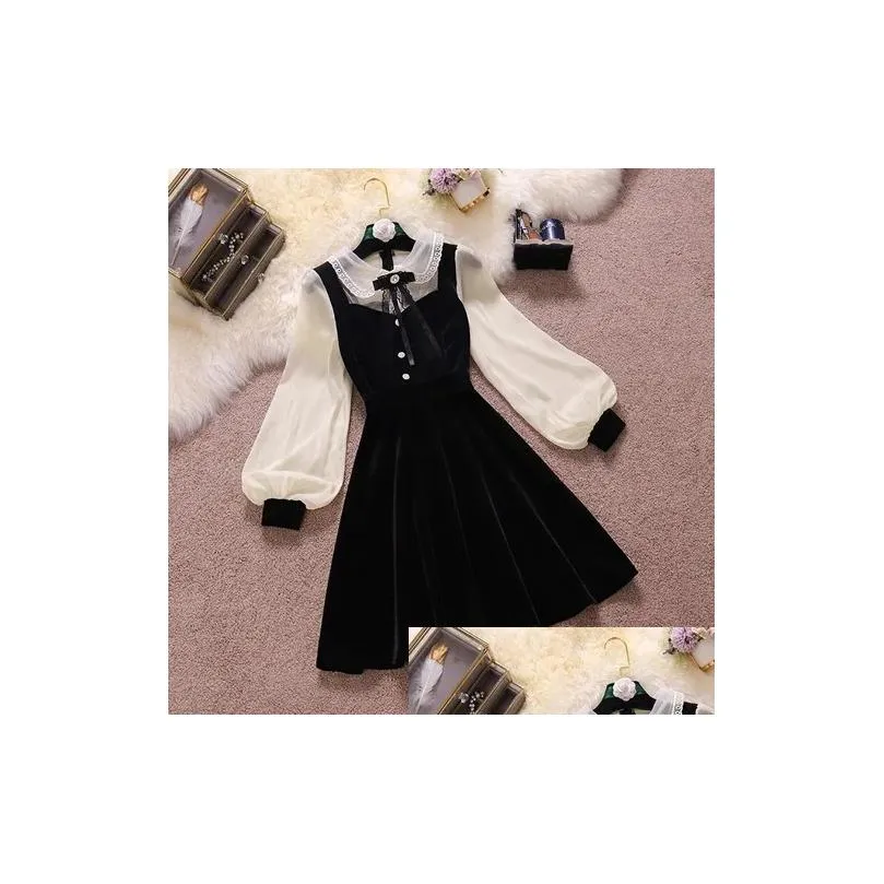 Casual Dresses Vintage Black Velvet Patchwork Summer Dress Fashion Elegant Lantern Sleeve Party Gown High Waist Fitted Vest For