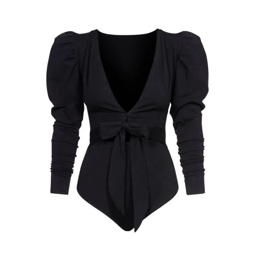Summer Rompers Women Bodysuit Hollow Solid Black V-neck Sexy Puff Sleeve Bow Bodysuits Bodycon Female Streetwear Jumpsuits Women`s &