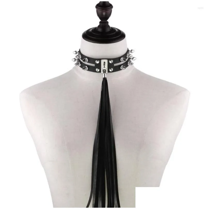 Choker Leather Tassel Long Necklace For Ladies Metal Rivets Punk Charms Necklaces Luxurious Jewelry