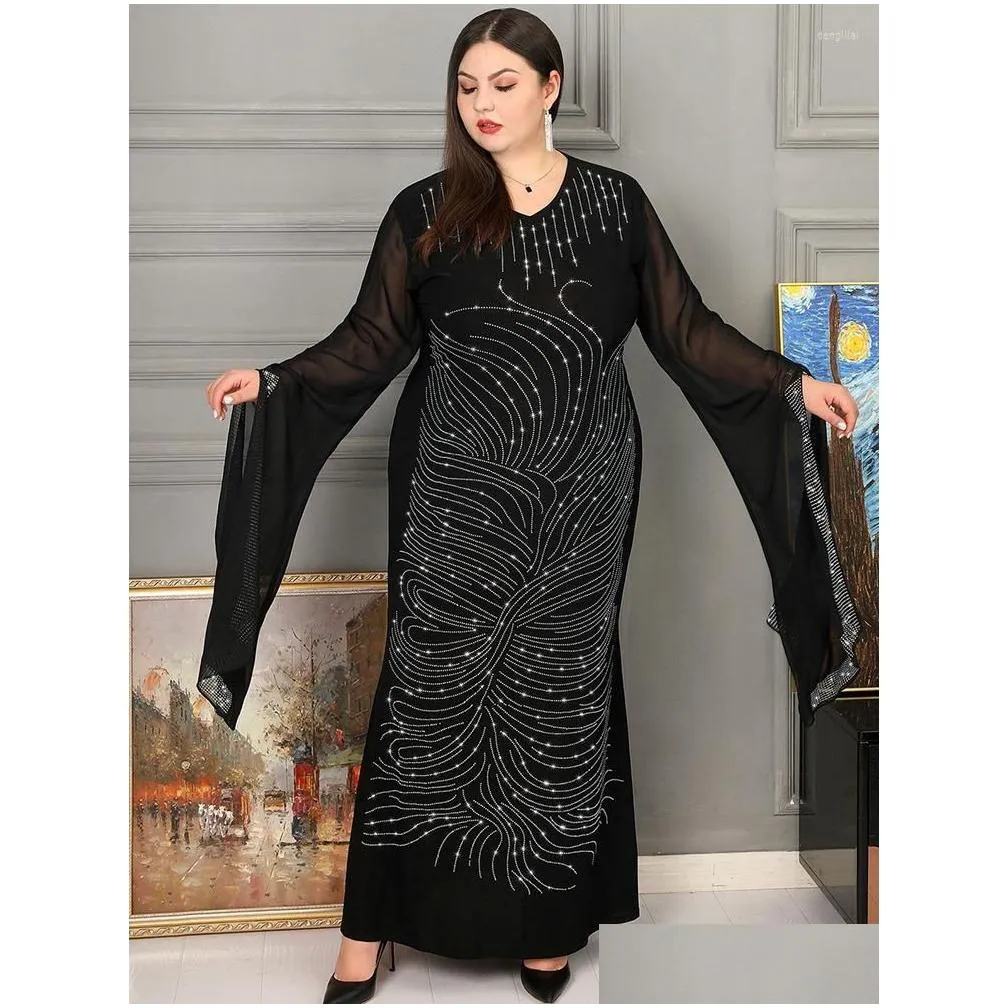 Plus Size Dresses Long Women With Diamond Ankle Length Robes Fashion Solid Elegant Streetwear Oversize Party Maxi Dress 2022