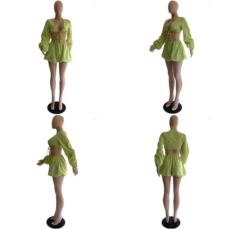 Women`s Tracksuits Early Autumn Women` Short Sets 2 Piece Matching Suits Deep V Neck Long Sleeve Crop Tops And Elastic Waist Lantern
