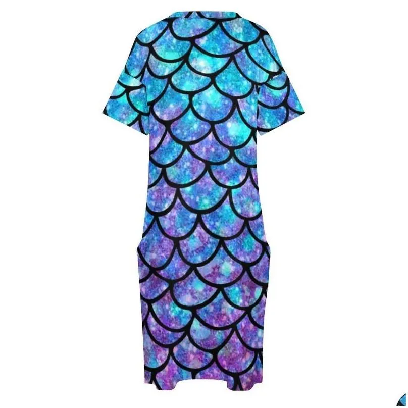 Plus Size Dresses Mermaid Scales Casual Dress Summer Purple Blue Splash Abstract Kawaii V Neck Graphic Street Wear 3XL 4XLPlus