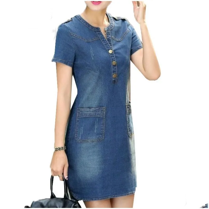 Basic & Casual Dresses 2021 Jean Dress Plus Sizes V-Neck Solid Denim Summer Women Sundresses Short Sleeves Loose Clothing 176A 25 Dro Dhpg1