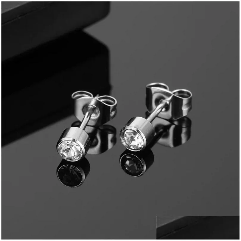 Stud Earrings 1 Pair Stainless Steel Crystal For Women Girls Silver Color Anti-allergic Piercing Ear Studs Rhinestone Jewelry