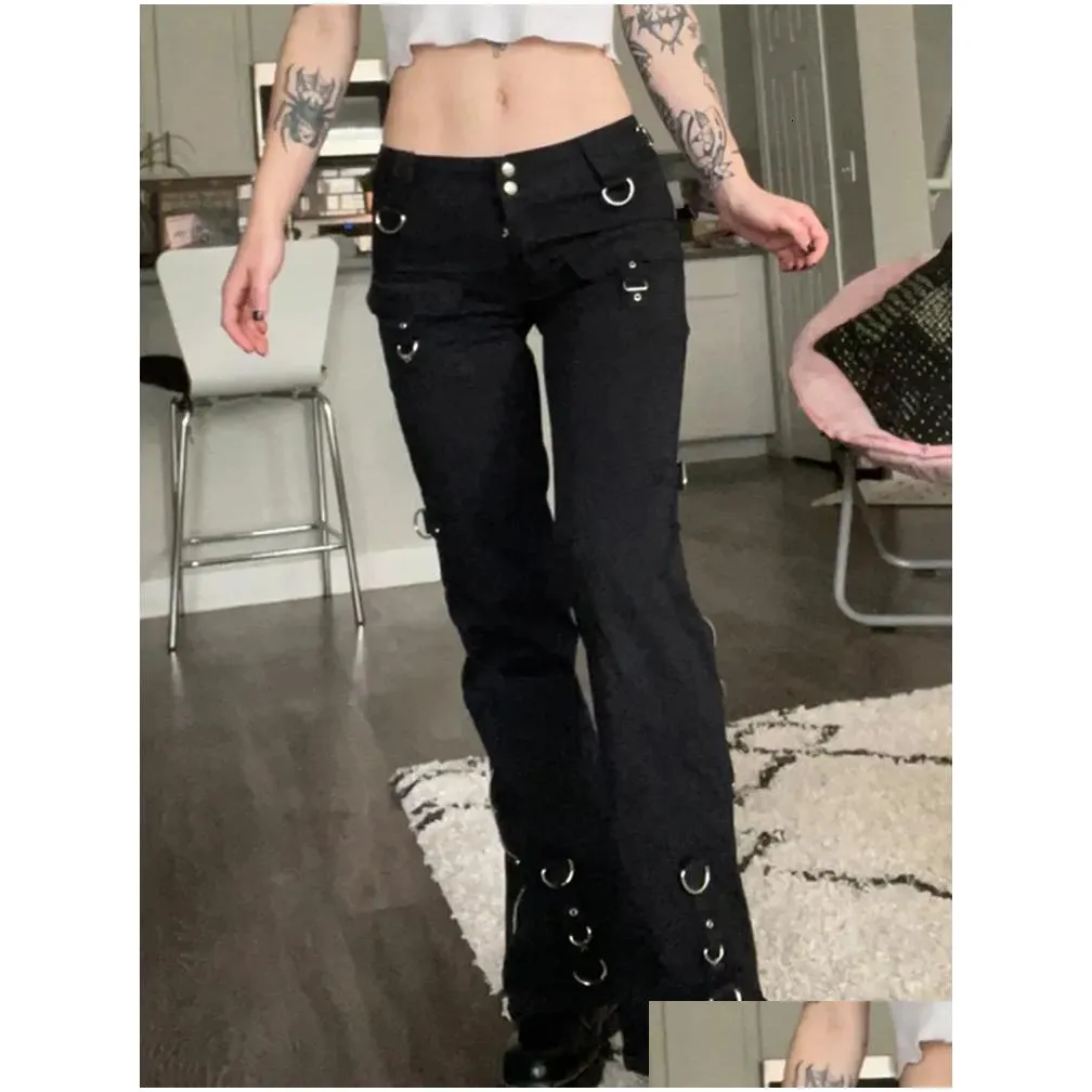 Women`S Jeans Womens Suchcute Punk Rivets Zipper Black Straight Gothic Low Waist Women Denim Trousers Aesthetic Streetwear Dark Acade Dhmus