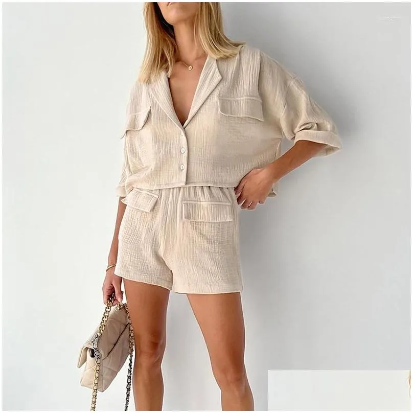 Women`s Tracksuits 2023 Ly Summr Cotton Two Piece Sets Womens Outifits Button Up Shirts And Shorts Elegant Beach Streetwear