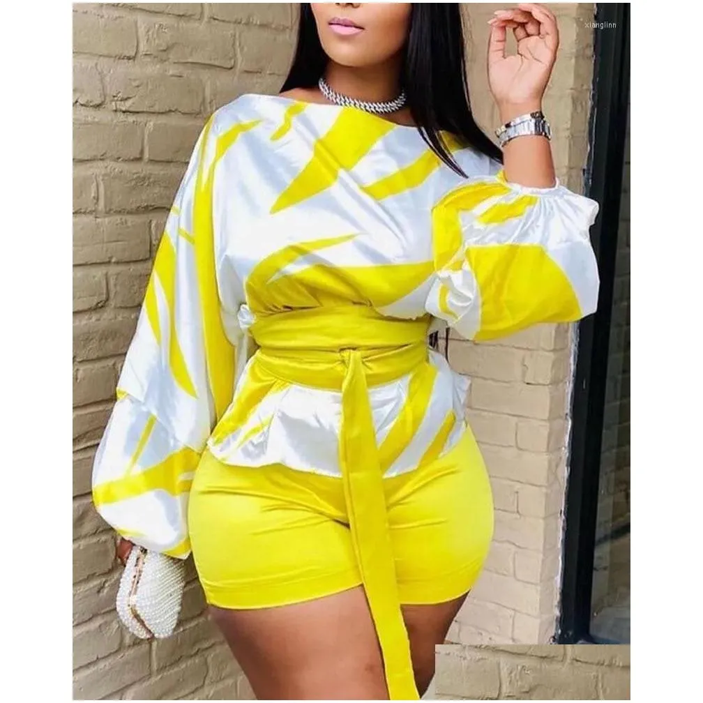 Women`s Tracksuits 2 Piece Sets Womens Outfits 2022 Summer Slash Neck Colorblock Tied Detail Lantern Sleeve Long Top & Above Knee
