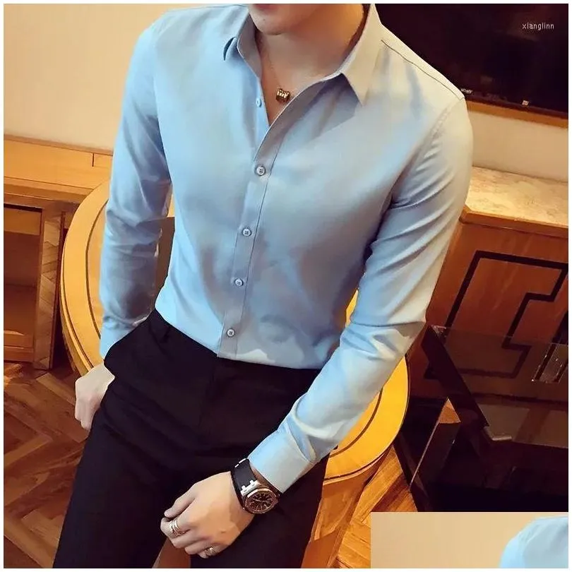 Men`s Casual Shirts Men`s Oxford Slim Fit Dress Shirt Brand Turndown Collar Long Sleeve Chemise Homme Buisness Office Men Black Q190