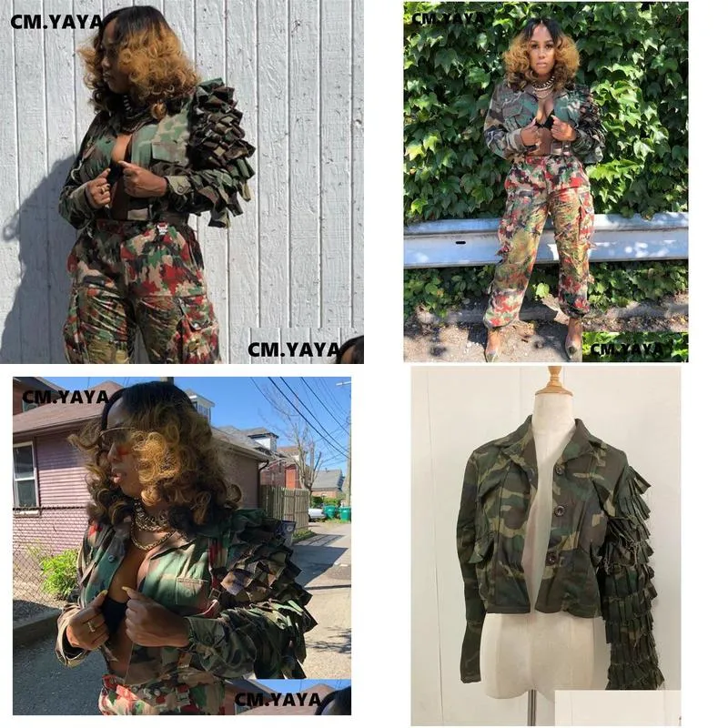 Women`S Jackets Womens Cm.Yaya Women Camouflage Cacading Ruffles Flare Sleeve Button Up Jacket Spring Winter Streetwear Military Outco Dhar8