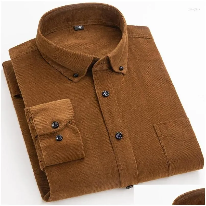 Men`s Casual Shirts Cotton Corduroy Shirt Long Sleeve Winter Regular Fit Mens Warm S-6xl Solid Men`s With Pokets Autumn Quality