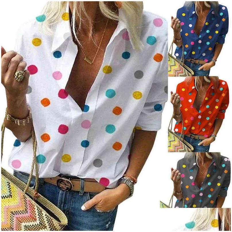 Women`S Blouses & Shirts Polka Dot Blouse Women Turn Down Collar Long Sleeve Plus Size Clothes Streetwear White Xxl 220125 Drop Deliv Dhbwg