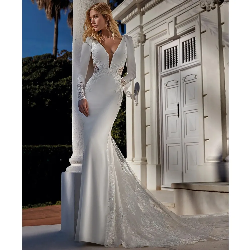 Boho Trumpet Mermaid Wedding Dresses With Long Sleeves V Neck Lace Appliqued Bridal Gowns Court Train Illusion Back Slim Fitted Elegant Satin Robes de Mariee YD