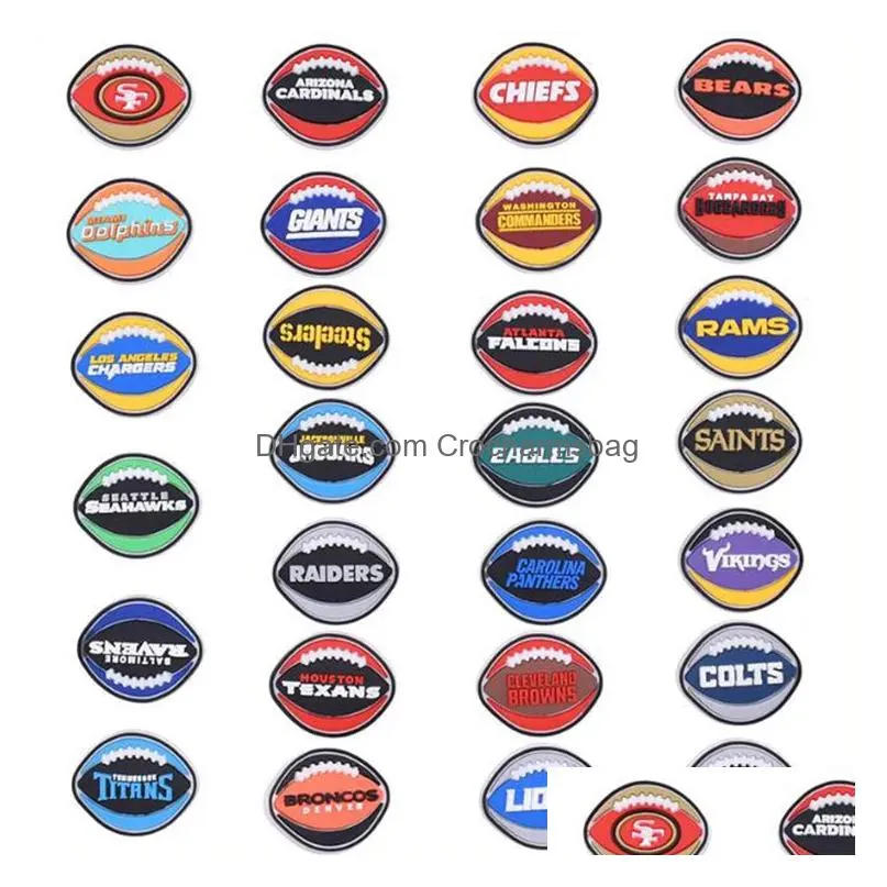 Shoe Parts & Accessories Wholesale Pvc Fashion Sports Charms Soccer Team Charm Football Hole For Clog Wristband Bracelet Drop Delivery Dheu3