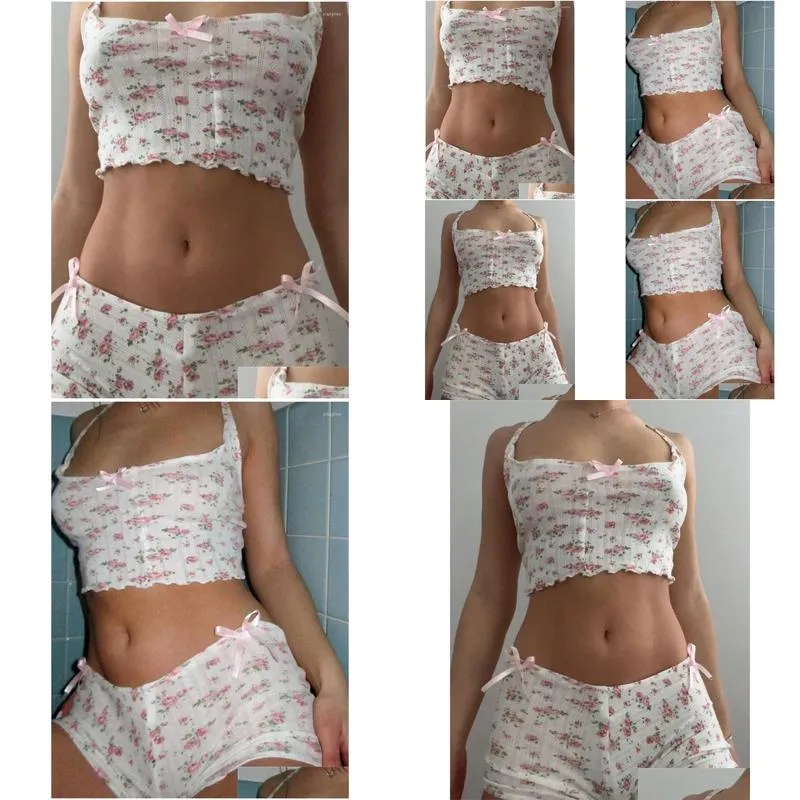 Women`s Tracksuits Two Piece Sets Women Y2K Aesthetic Floral Bowknot Outfits Sleeveless Crop Tank Top Shorts Summer Fitness Sexy