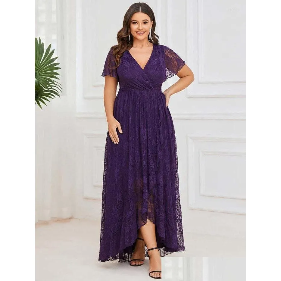 Plus Size Dresses Women Elegant 2023 Lace Short-sleeved V-neck Party Evening Dress Irregular Wave For Large Female