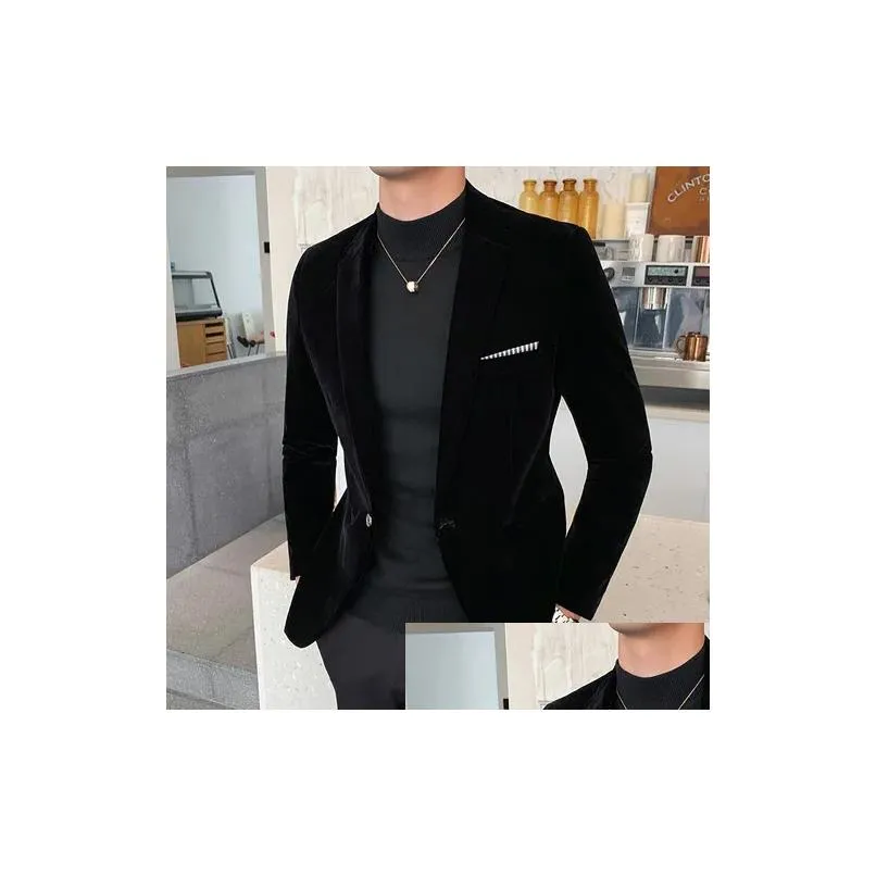Men`S Suits & Blazers Brand Men Golden Veet Suitmale Slim High Quality Business Blazersgrooms Wedding Dress Mens Jacket Clothing 2207 Dhi3W