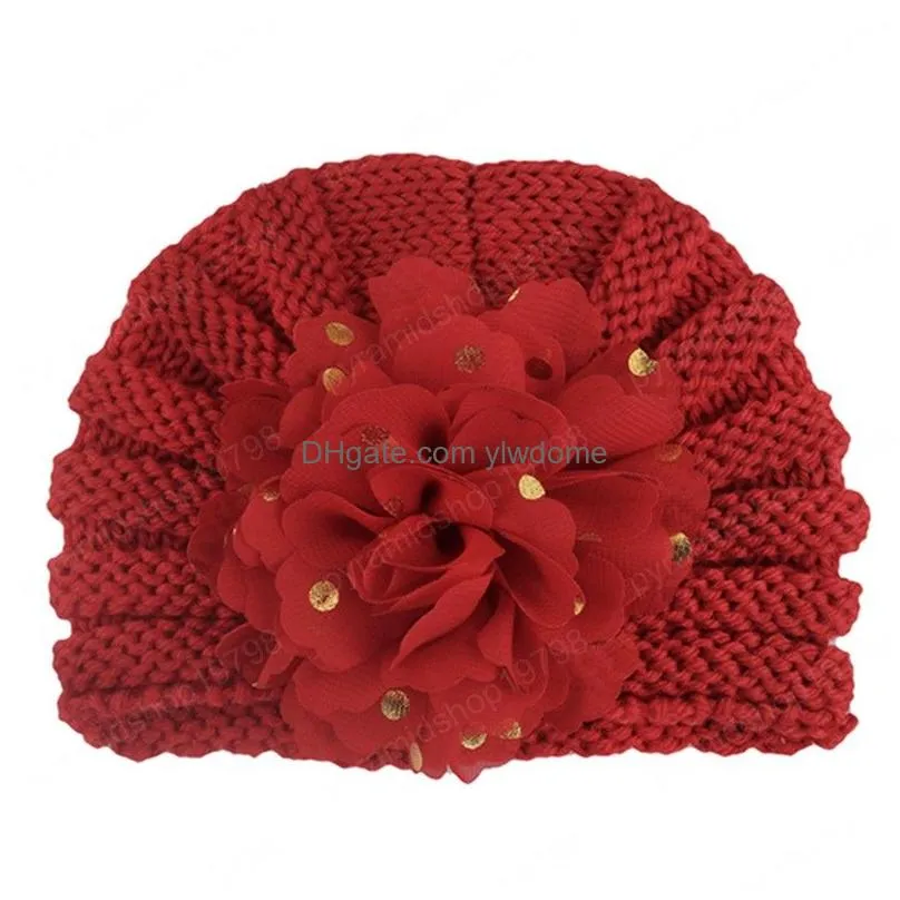 Caps & Hats 17X13 Cm Solid Color Handmade Knitted Wool Newborn Cloghet Elastic Fashion Golden Dots Flower Bonnet Children Headwear Dro Dh0Cx