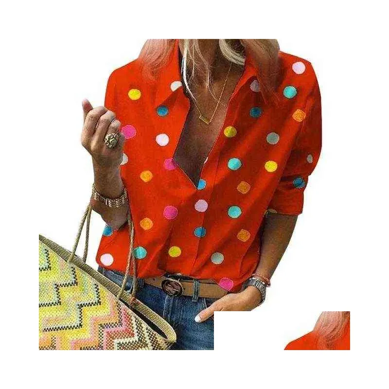 Women`S Blouses & Shirts Polka Dot Blouse Women Turn Down Collar Long Sleeve Plus Size Clothes Streetwear White Xxl 220125 Drop Deliv Dhbwg