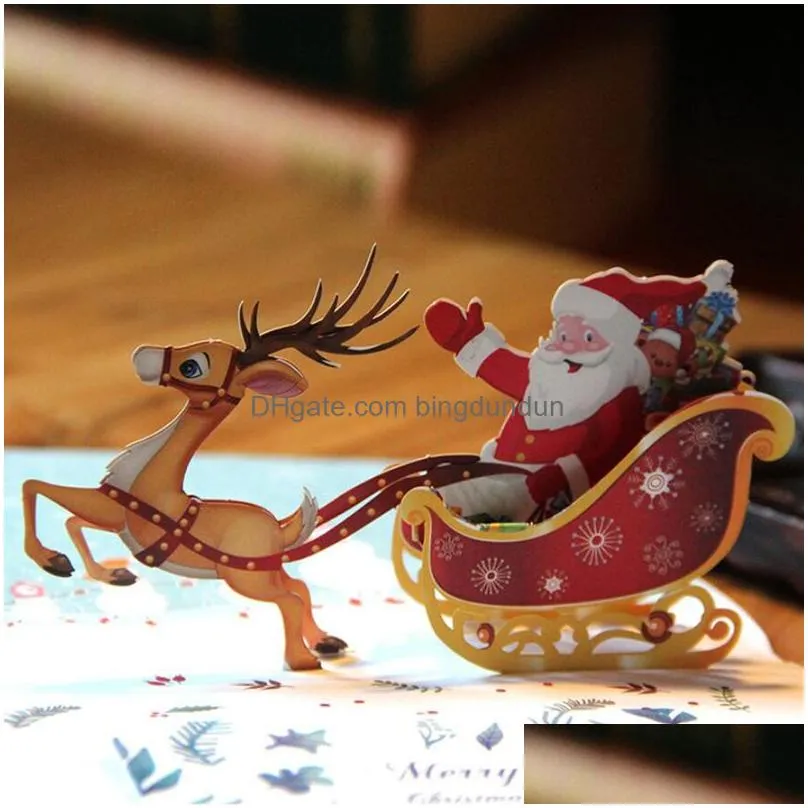 3D Up Christmas Greeting Card Laser Cut quotMerry Christmasquot Deer Santa 3d Red Gold Cards With Envelope 10 pieces per lot3047325