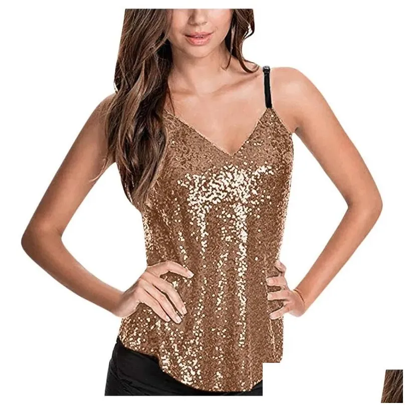 Women Sleeveless Sexy Blouse Sequined Strappy V Neck Camis Tank Top Crop Shirt Solid V-neck Chiffon Blouses Female Shirts#LR31