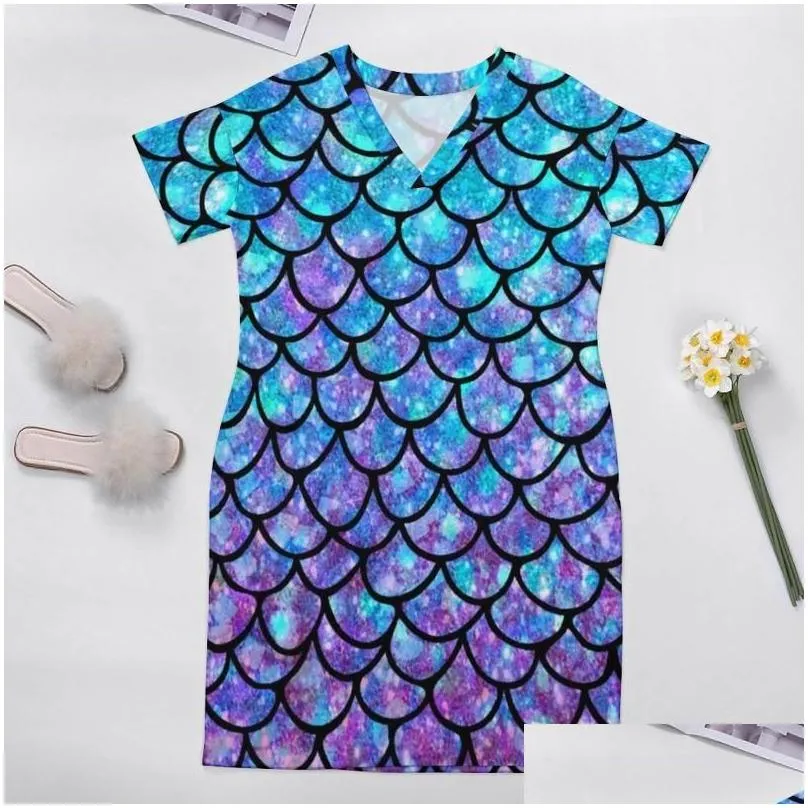 Plus Size Dresses Mermaid Scales Casual Dress Summer Purple Blue Splash Abstract Kawaii V Neck Graphic Street Wear 3XL 4XLPlus