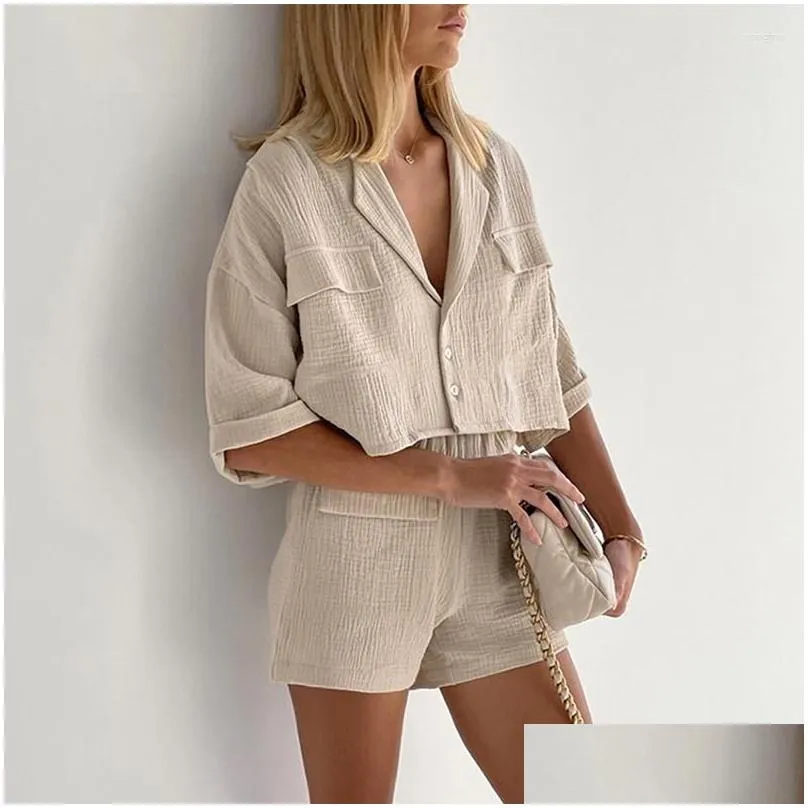 Women`s Tracksuits 2023 Ly Summr Cotton Two Piece Sets Womens Outifits Button Up Shirts And Shorts Elegant Beach Streetwear