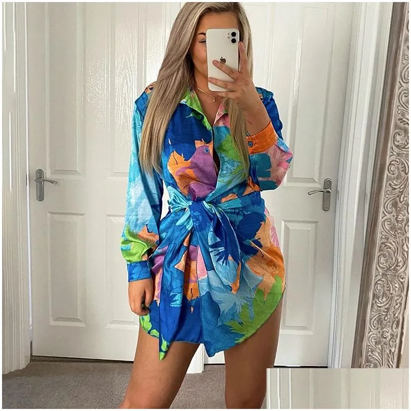 Basic & Casual Dresses Fandy Lokar Turn Down Collar Women Fashion Asymmetrical Printed Dress Elegant Long Sleeve Female Ladies 220713 Dh2Vf