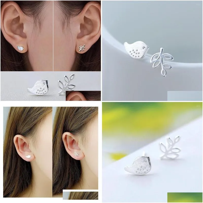 Stud Earrings 1 Pair Women Lovely Bird & Branch Brushed 925 Sterling Silver Ear