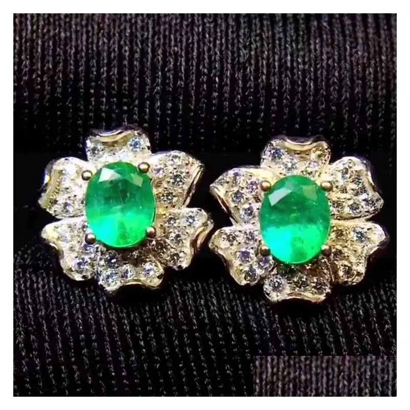 Stud Earrings Natural Real Emerald Earring 925 Sterling Silver 0.5ct 2pcs Gemstone Flower Style#X8061607
