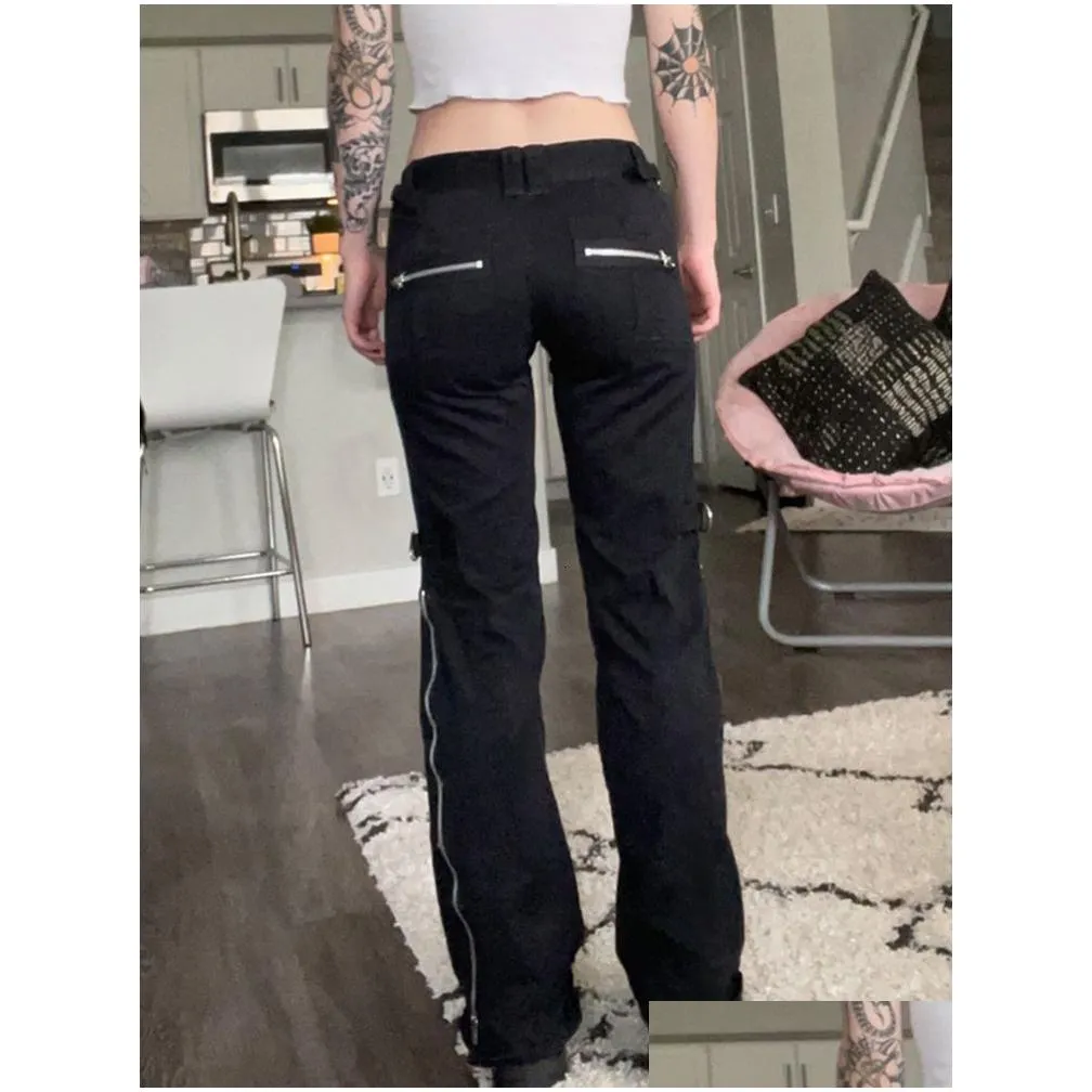 Women`S Jeans Womens Suchcute Punk Rivets Zipper Black Straight Gothic Low Waist Women Denim Trousers Aesthetic Streetwear Dark Acade Dhmus